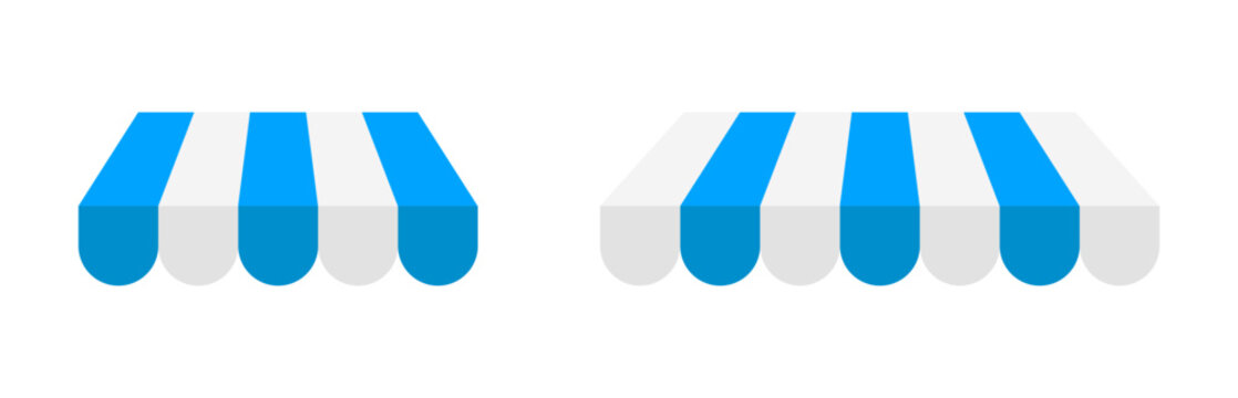 Store awning design. Striped shop and cafe awning, market stall covers isolated on white. Eps10 vector set of awning