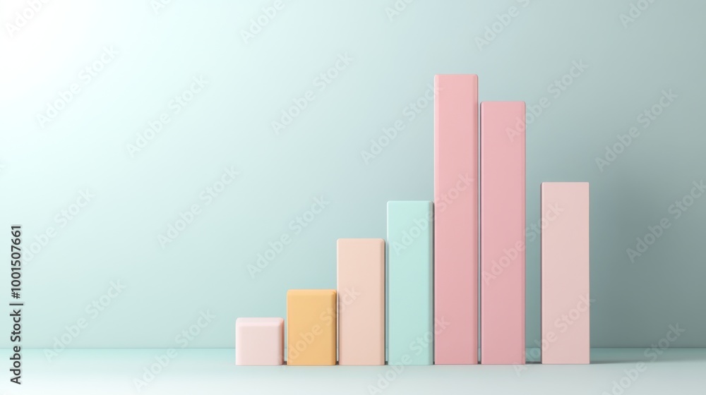 Fototapete a minimalist 3d bar graph with pastel-colored bars rising from a flat surface, with subtle shadows a