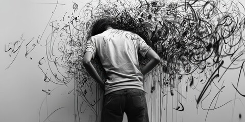 Individual Contemplating Abstract Art in Monochrome Setting