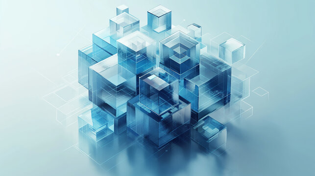 Fototapeta Geometric abstract cubes and shapes in blue digital modern technology design pattern
