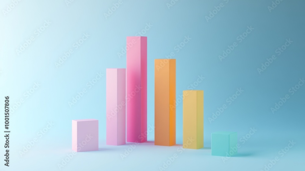 Poster a minimalist 3d bar graph with pastel-colored bars rising from a flat surface, with subtle shadows a