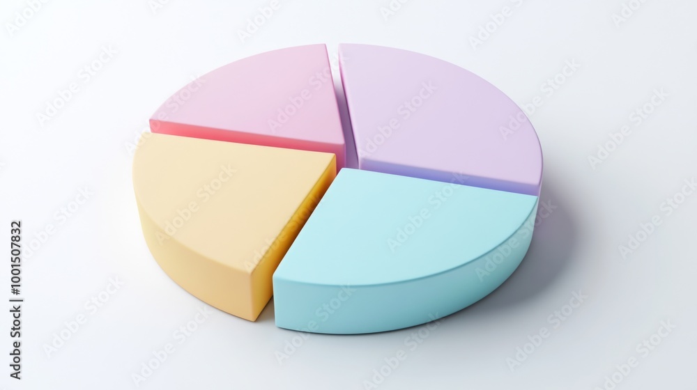 Poster a minimalist 3d pie chart with pastel-colored slices, smoothly separated to reveal individual sectio
