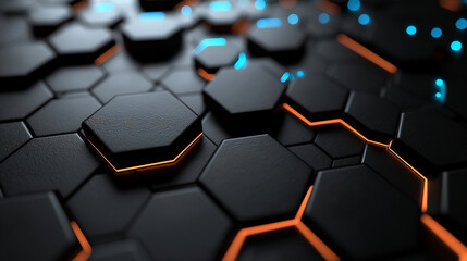 High-tech 3D hexagonal pattern with glowing blue and orange lines in an abstract geometric design