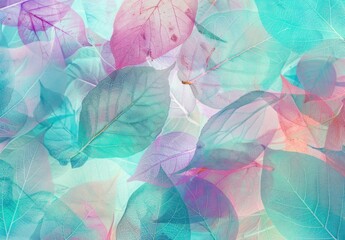 Fototapeta premium Colorful translucent leaves overlapping in pastel shades of pink, blue, and green, creating a dreamy, ethereal background