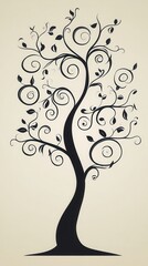 A whimsical tree illustration with swirling branches and detailed leaves on a plain backdrop
