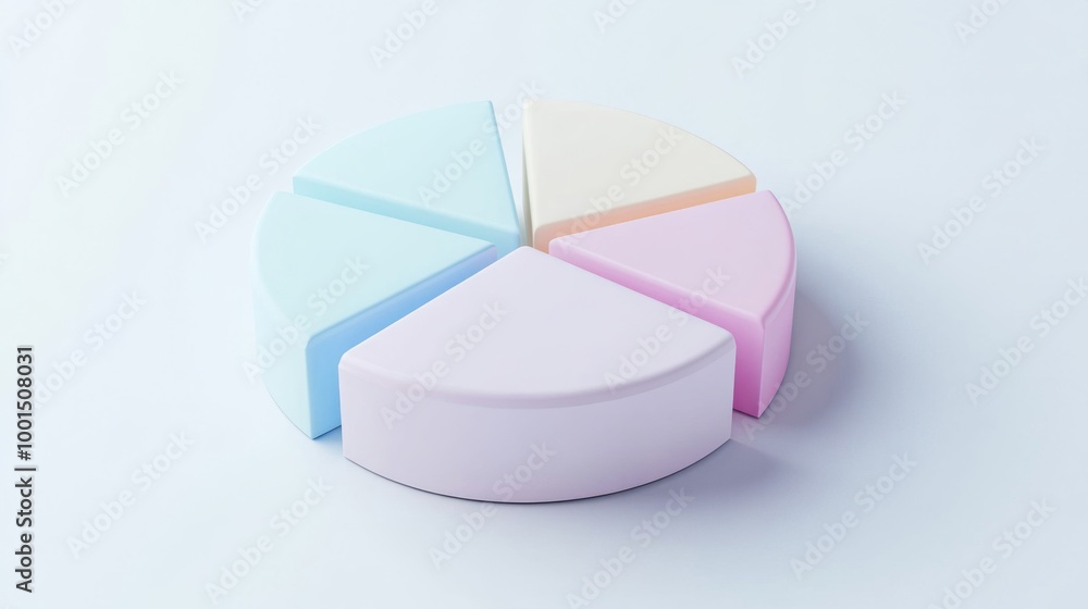 Poster a minimalist 3d pie chart with pastel-colored slices, smoothly separated to reveal individual sectio