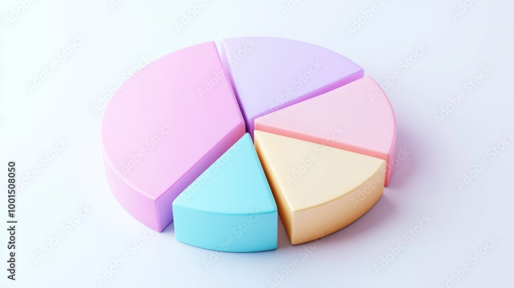 Poster a minimalist 3d pie chart with pastel-colored slices, smoothly separated to reveal individual sectio