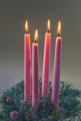 advent, 4 pink tall advent candles burning, advent wreath
