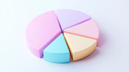 Obraz premium A minimalist 3D pie chart with pastel-colored slices, smoothly separated to reveal individual sections, placed on a clean white background.