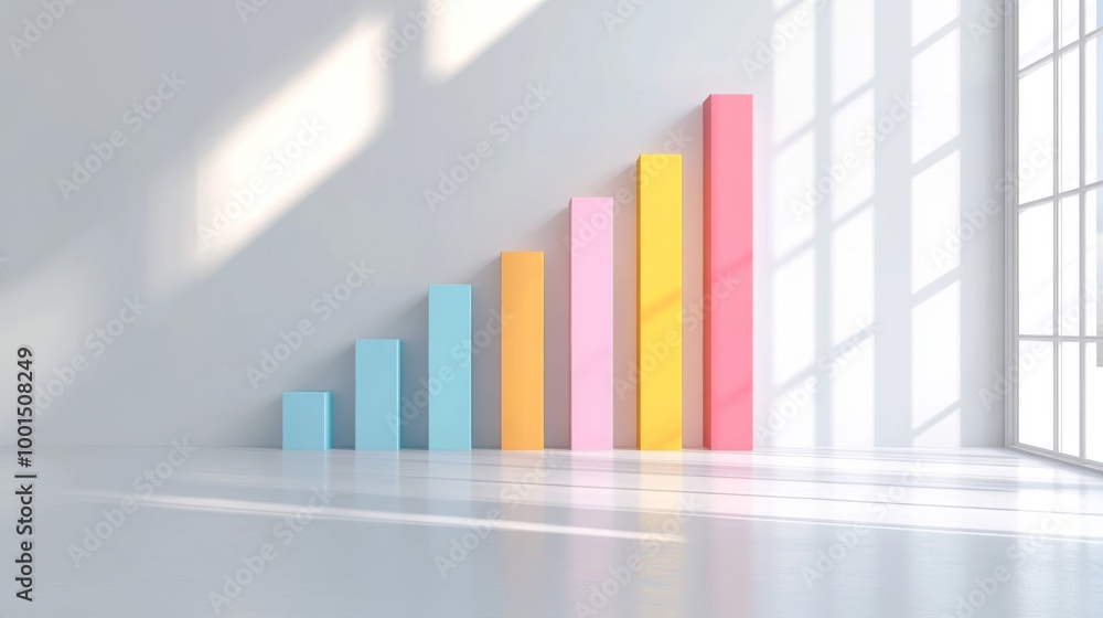 Fototapete A minimalist financial bar graph with pastel-colored bars, showing quarterly revenue, displayed on a clean white background with simple grid lines and clear labels.