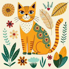 Whimsical Illustrated Cat Surrounded by Colorful Flora and Patterns