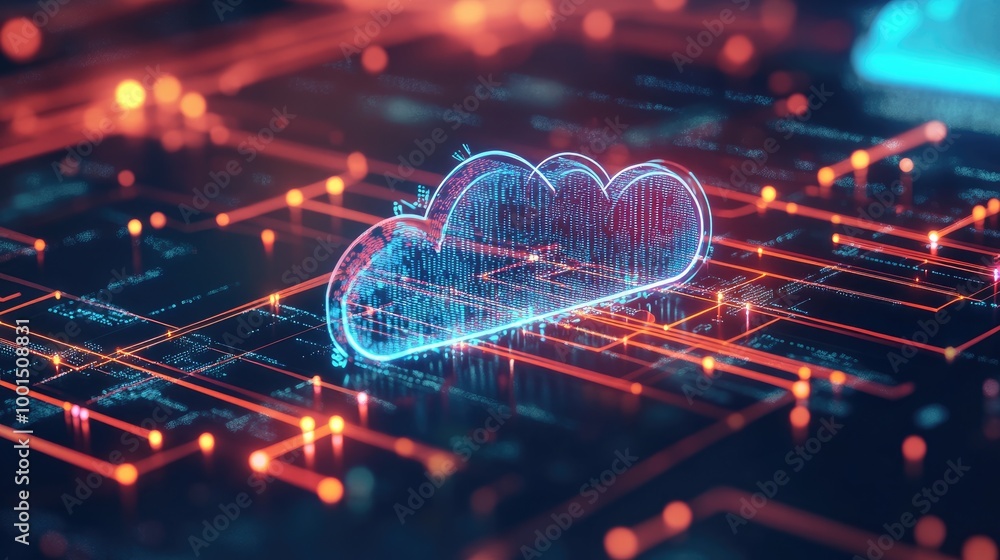 Poster high-tech computer network with a prominent cloud logo, showcasing dynamic data flow and digital con