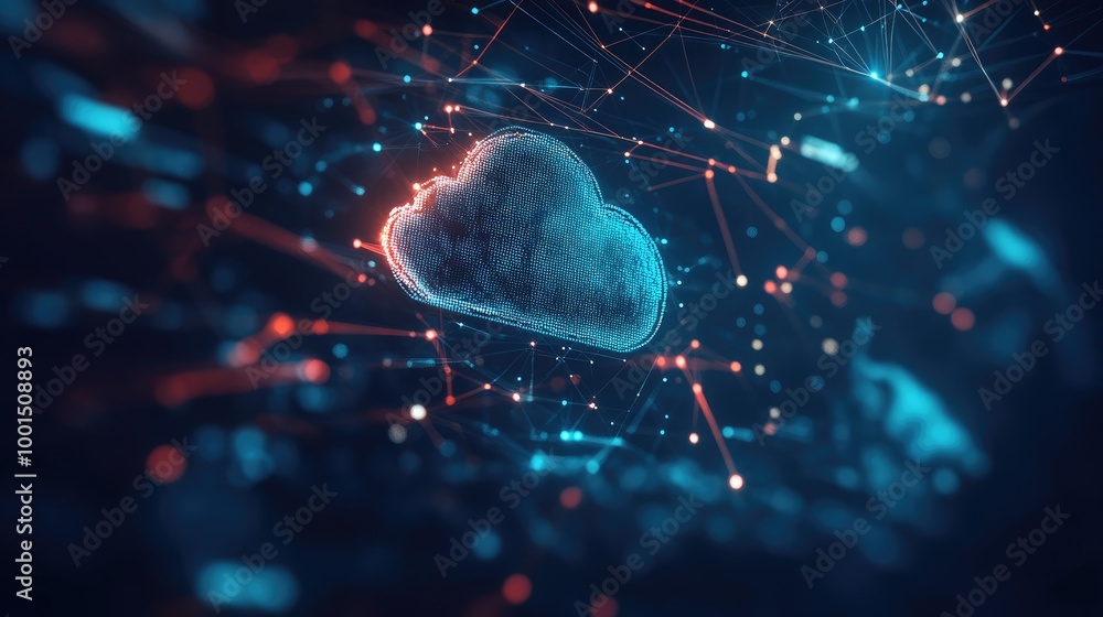 Poster high-tech digital background with a prominent cloud logo and a web of advanced technology nodes