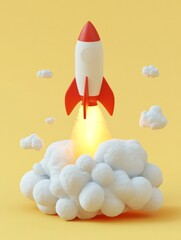 In this image, a red and white toy rocket erupts after firing, creating a cloud of smoke on a vibrant yellow background. The colors red and white symbolize ambition, innovation, new beginnings, and