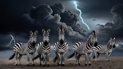 Fototapeta premium Experience the awe of nature with this stunning image of zebras standing boldly against a stormy sky. 