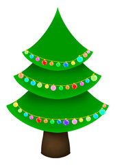 Christmas tree is decorated by hanging of three strings with colorful fairy lights is isolated background 