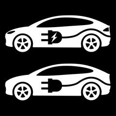 Electric car, ev icon Vector Illustration. Side view of electric car, cable and plug.