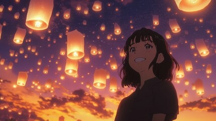 A character smiles softly while looking up at the night sky illuminated by floating lanterns