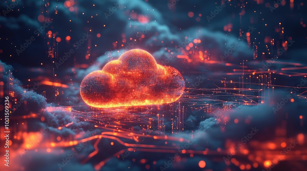 Poster high-tech digital landscape with a stylized cloud logo and a network of glowing data streams and nod