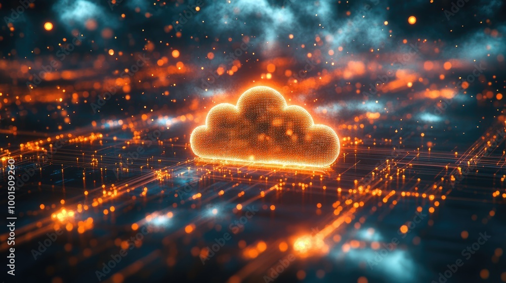 Poster high-tech digital landscape with a stylized cloud logo and a network of glowing data streams and nod