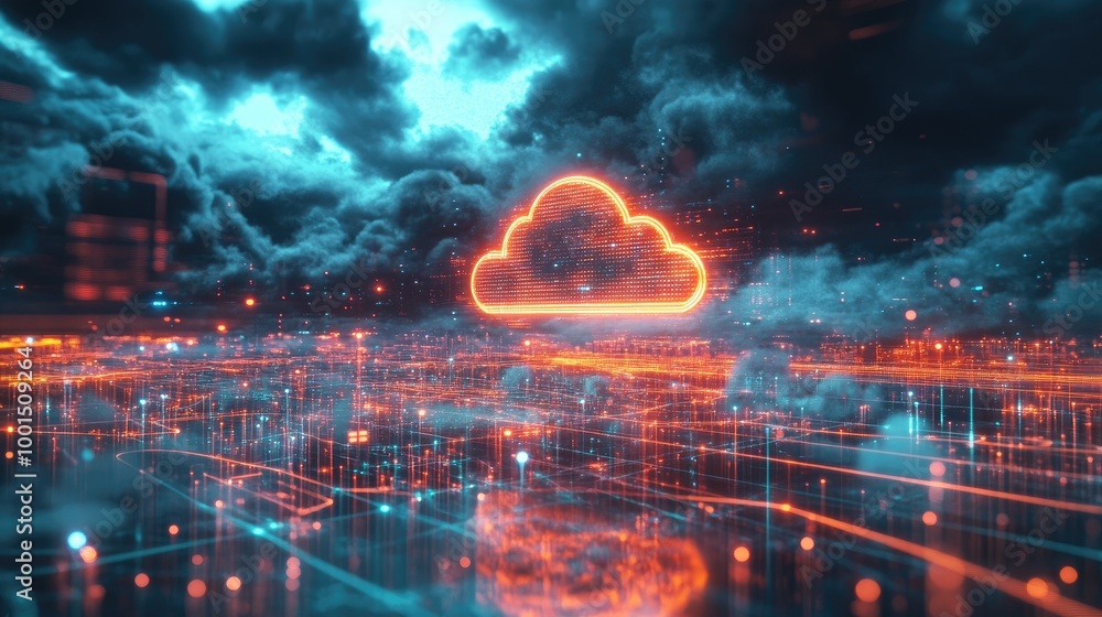 Poster high-tech digital landscape with a stylized cloud logo and a network of glowing data streams and nod
