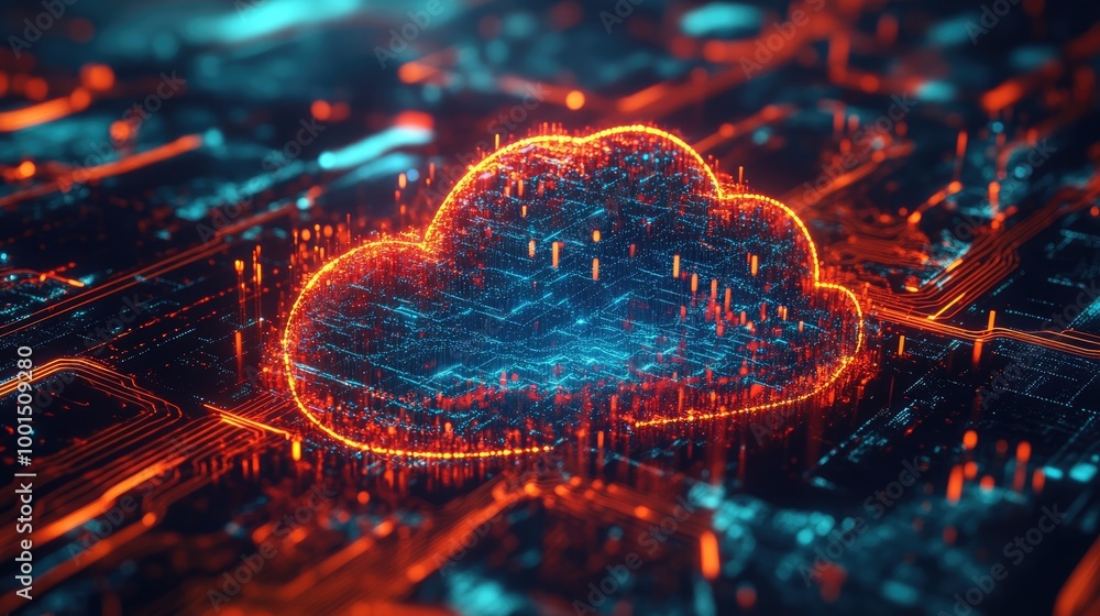 Poster high-tech digital landscape with a stylized cloud logo and a network of glowing data streams and nod