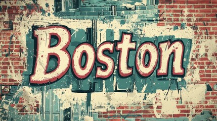 Vintage "Boston" typography over a distressed brick wall with paint splatter and urban textures, evoking a gritty city vibe. AI generative.