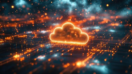 High-tech digital landscape with a stylized cloud logo and a network of glowing data streams and nodes