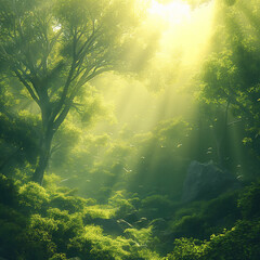 Obraz premium Forest sunlight filtering through trees with green nature and sunrays creating a lush foliage scene
