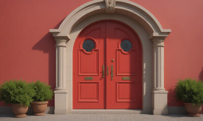 Fototapeta premium A red double door with arched trim and decorative columns sits on a red building