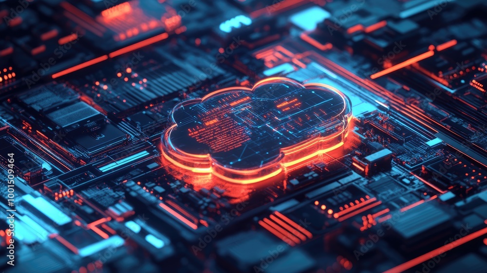 Aufkleber high-tech digital network design featuring a stylized cloud logo and intricate technology patterns