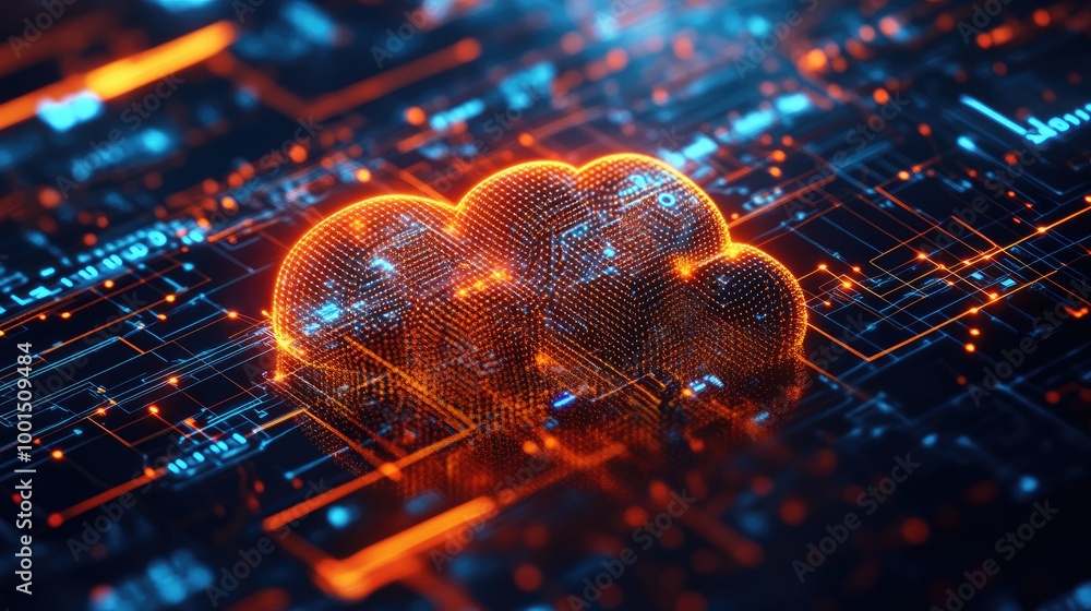 Poster high-tech digital network graphic featuring a prominent cloud logo and a web of glowing technology p
