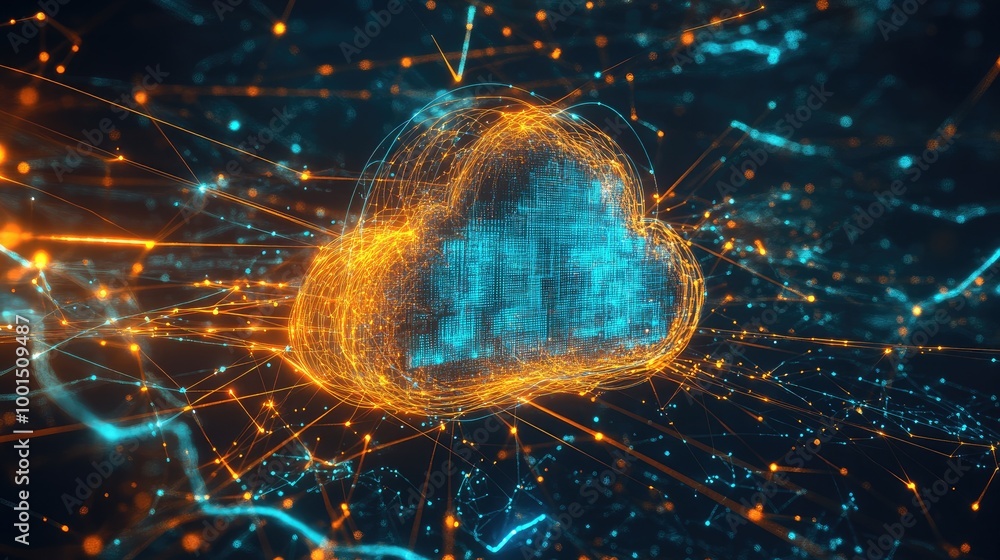 Aufkleber high-tech digital network graphic featuring a prominent cloud logo and a web of glowing technology p