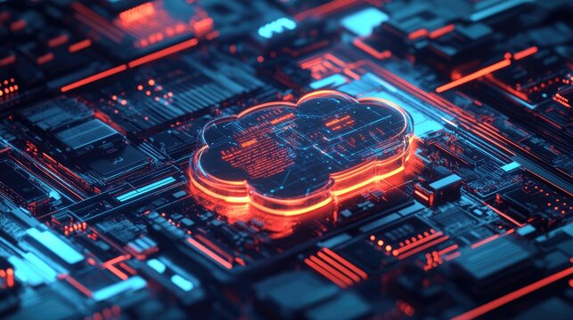 High-tech digital network design featuring a stylized cloud logo and intricate technology patterns