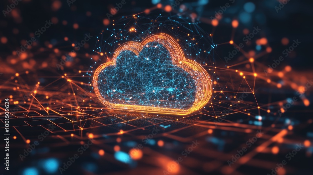 Poster high-tech digital scene with a stylized cloud logo amidst a web of interconnected data lines and nod