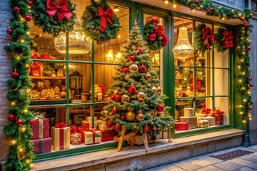 Christmas shop window display with tree and gifts at night