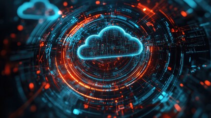 Obraz premium High-tech network visualization with a stylized cloud logo and intricate technology patterns