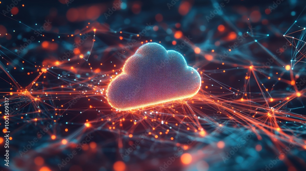 Poster high-tech visualization with a prominent cloud logo amidst a network of dynamic digital nodes and co