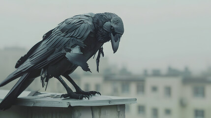Fototapeta premium Conceptual mechanical robotic crow sitting and flying in a jungle.