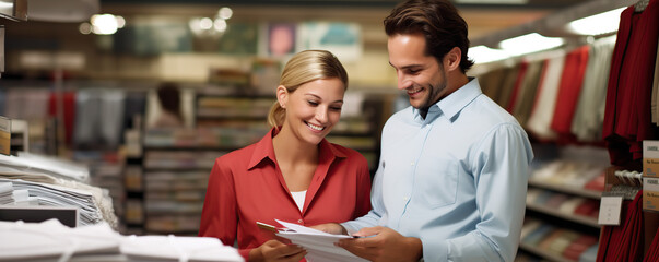 Young couple explores fabric options at a textile store while discussing their creative project on a sunny afternoon
