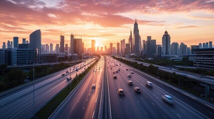Fototapeta premium Urban Sunset Over City Skyline with Busy Highway