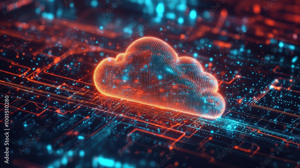 Aufkleber modern digital design with a prominent cloud logo amidst a web of advanced technology and data strea