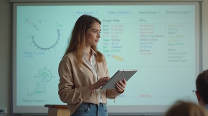Young woman presenting confidently with digital whiteboard in classroom