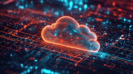 Modern digital design with a prominent cloud logo amidst a web of advanced technology and data streams