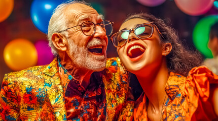 Senior man and young woman having fun at party