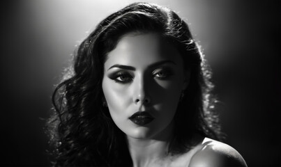 Fototapeta premium A woman with dark hair and striking eyes stares intently into the camera, bathed in dramatic lighting