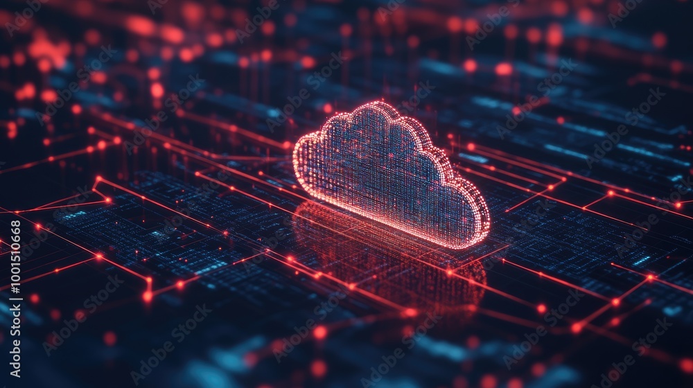 Poster modern digital network with a central cloud logo, illustrating a sophisticated network of technology