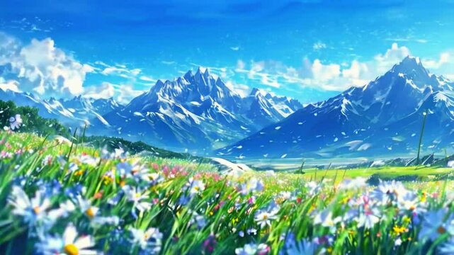 strong gusts of wind flowing meadow, flowers and grass sway dramatically. clouds rapidly sky, towering Alps background dynamic energetic scene, 4k lofi Hand-drawn Anime-style Landscape Animation Video