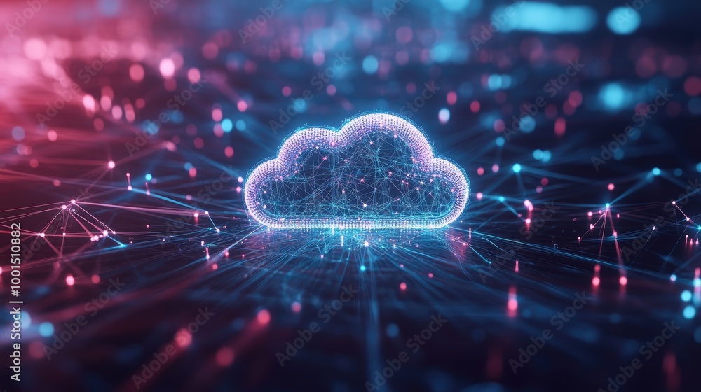 Poster modern network visualization with a central cloud logo and intricate connections representing advanc