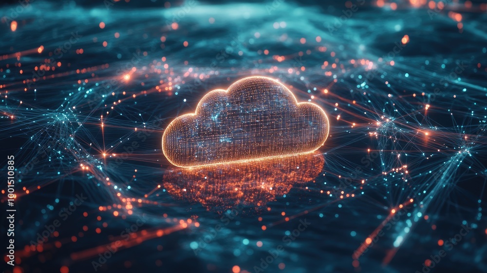 Poster modern network visualization with a central cloud logo and intricate connections representing advanc